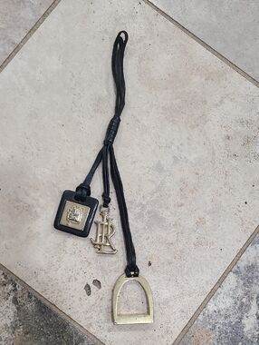 Ralph Lauren Black Leather Key & Charm Holder with Gold-Tone RL and Stirrup